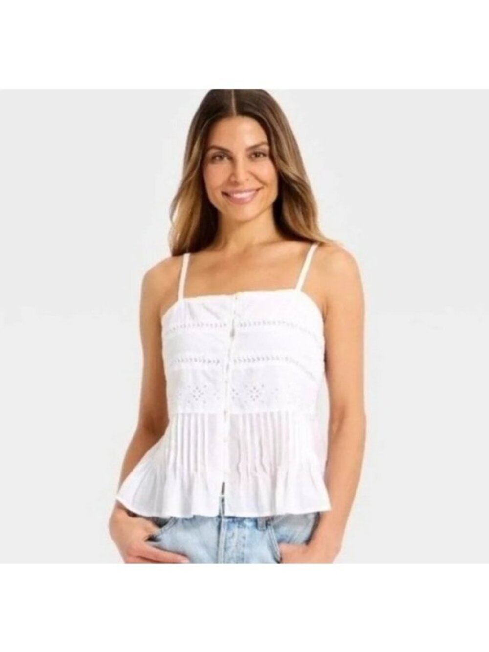 Universal Thread Women's White Eyelet Pintuck Peplum Cami Tank Top XL NWT